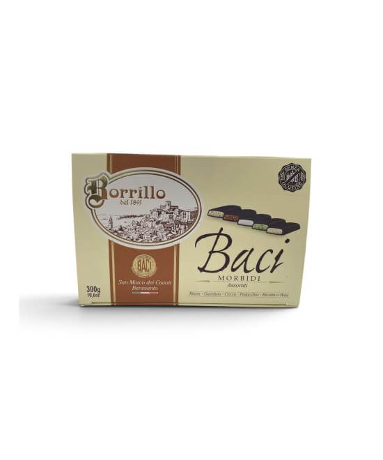 Cinque gusti di Baci Borrillo Morbidi in una confezione da 300 g: Rhum, Gianduia, Cocco, Pistacchio e Ricotta e Pera.